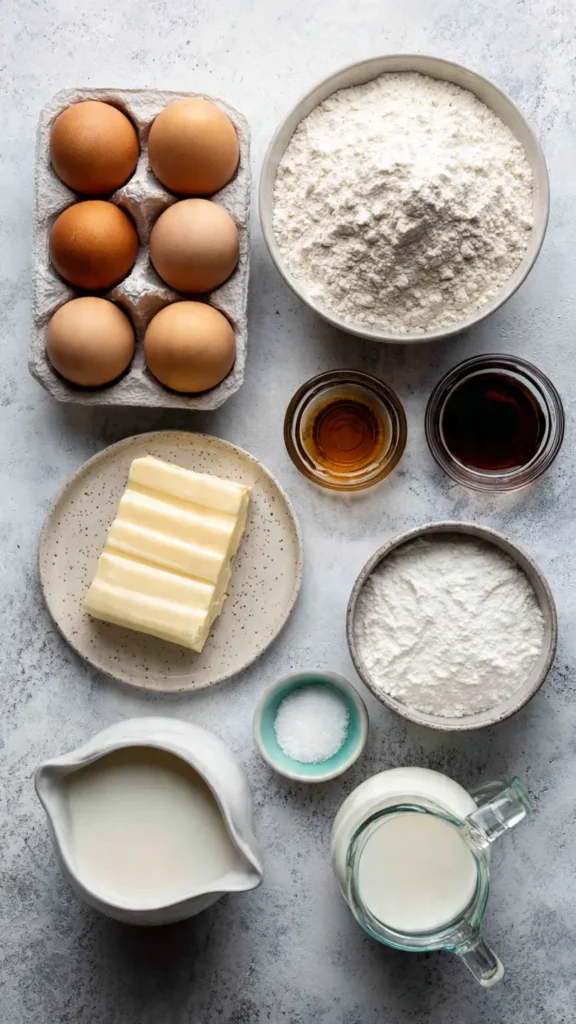 Ingredients for Southern caramel cake including flour, eggs, butter, sugar, and vanilla extract arranged on marble countertop
