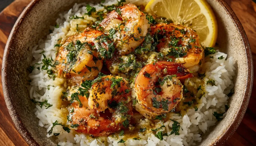 Southern garlic shrimp and salmon over rice in a ceramic bowl with butter sauce and fresh parsley garnish