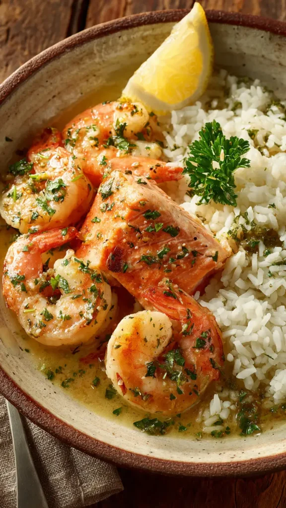 Southern garlic shrimp and salmon over rice in a ceramic bowl with butter sauce and fresh parsley garnish