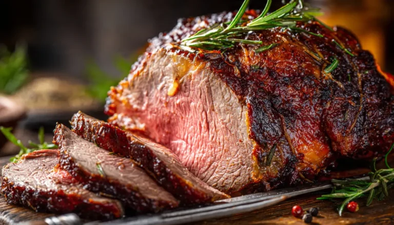 Sliced Spanferkel-style beef roast with crispy brown exterior and tender pink interior on wooden cutting board