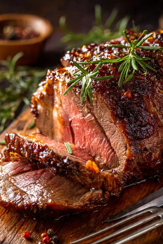 Sliced Spanferkel-style beef roast with crispy brown exterior and tender pink interior on wooden cutting board