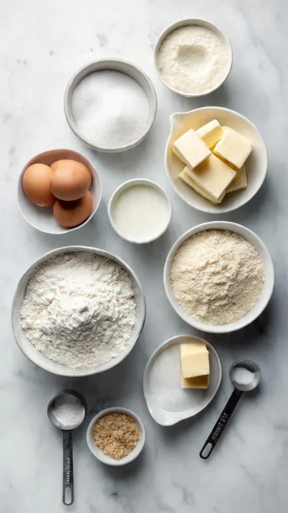 Overhead view of Spanish bread ingredients including flour, brown sugar, butter, eggs, breadcrumbs, and yeast arranged on marble surface