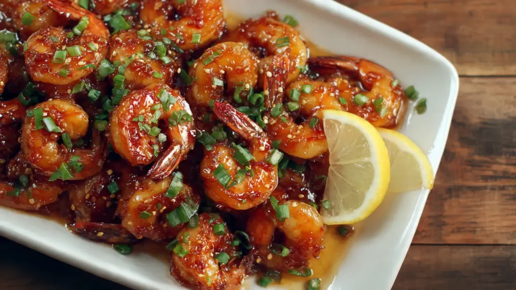 Spicy honey glazed shrimp in cast iron skillet with sesame seeds and green onions