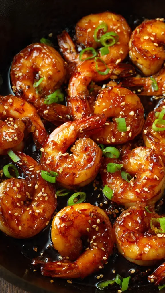 Spicy honey glazed shrimp in cast iron skillet with sesame seeds and green onions