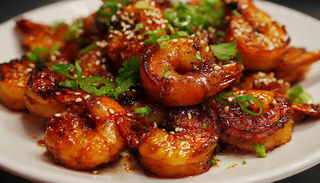 Spicy honey glazed shrimp in cast iron skillet with sesame seeds and green onions
