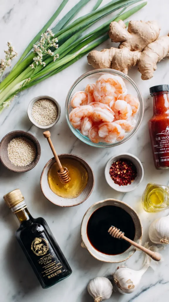 Raw shrimp and ingredients including honey, soy sauce, sriracha, garlic, and ginger for spicy honey glazed shrimp