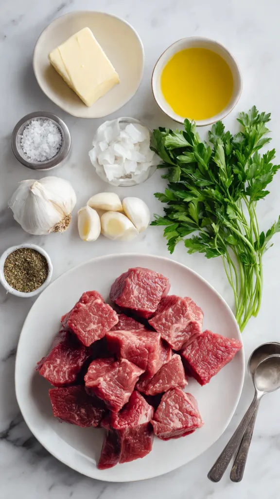Raw steak cubes, butter, garlic, olive oil, and seasonings arranged on marble countertop