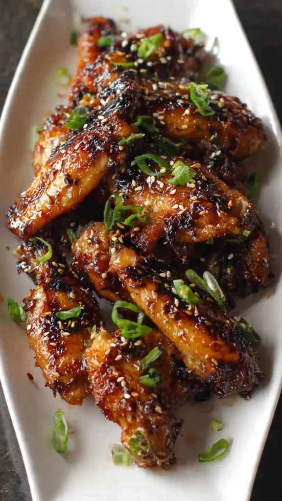 Sticky caramelized chicken tulips with honey glaze, sesame seeds, and green onions on white platter