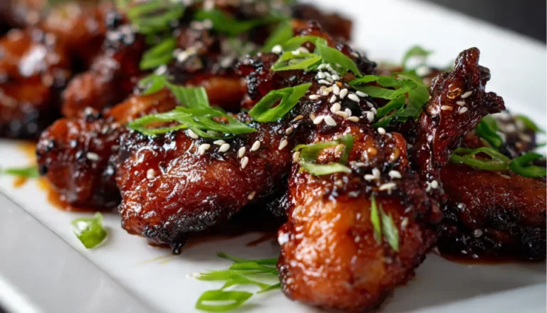 Sticky caramelized chicken tulips with honey glaze, sesame seeds, and green onions on white platter