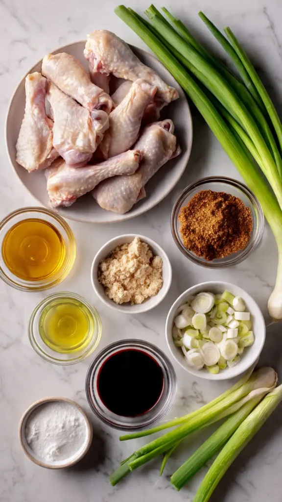 All ingredients for sticky caramelized chicken tulips including chicken drumettes, honey, soy sauce, and fresh ginger