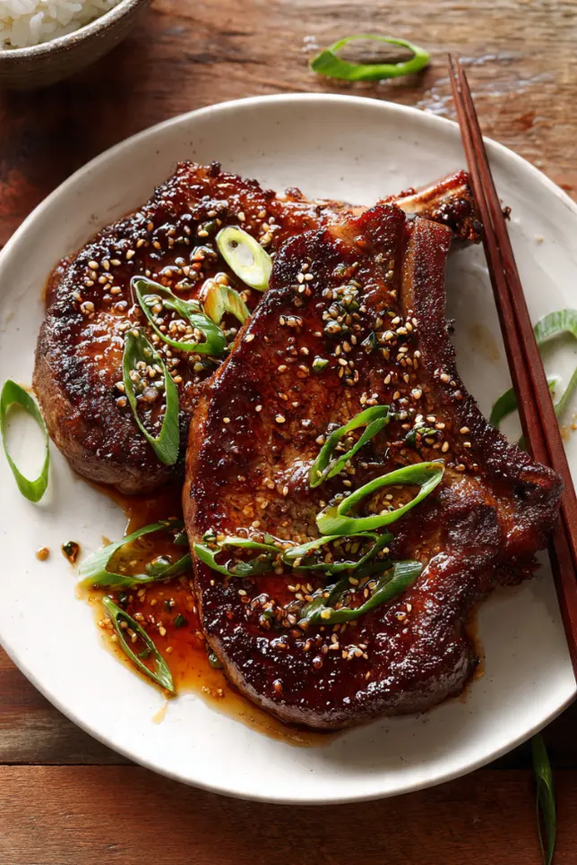 Sticky honey garlic double bone beef chops with glossy glaze, sesame seeds, and green onion garnish on white plate