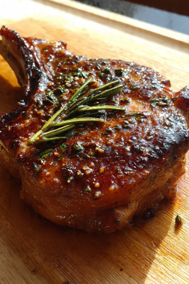 Sticky honey garlic double bone beef chops with glossy glaze, sesame seeds, and green onion garnish on white plate