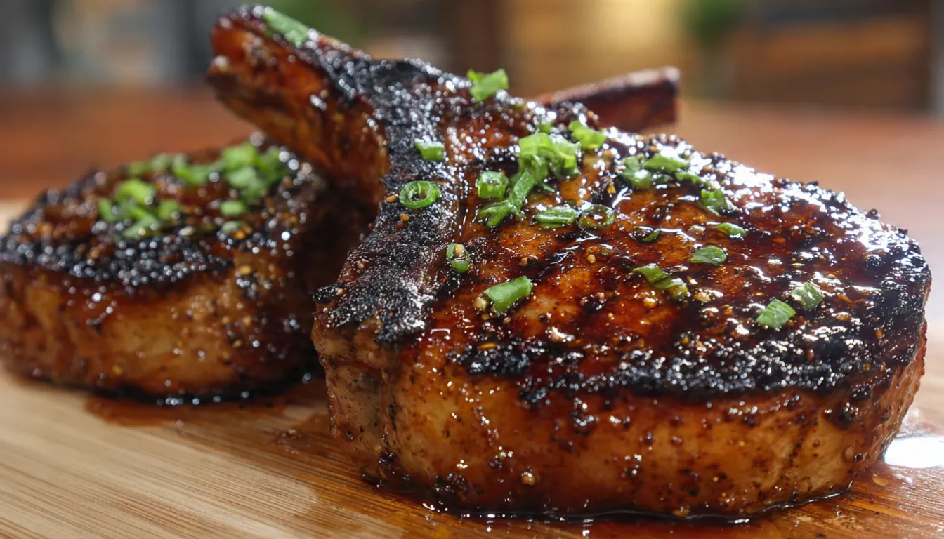 Sticky honey garlic double bone beef chops with glossy glaze, sesame seeds, and green onion garnish on white plate