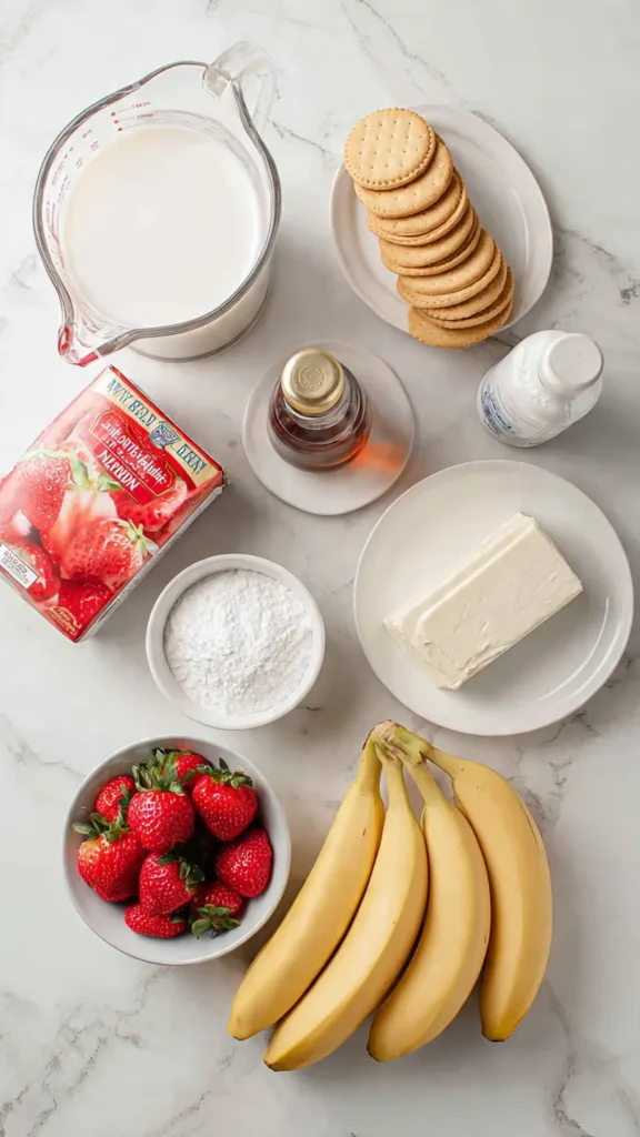 Flat lay of strawberry banana pudding ingredients including vanilla wafer cookies, fresh strawberries, ripe bananas, cream cheese, heavy cream, and vanilla pudding mix