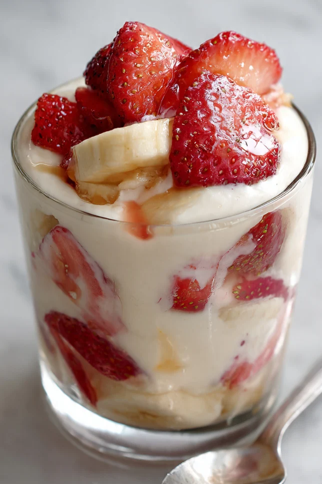 Single serving of strawberry banana pudding dream on white plate showing all layers
