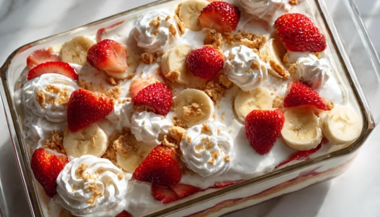 Single serving of strawberry banana pudding dream on white plate showing all layers