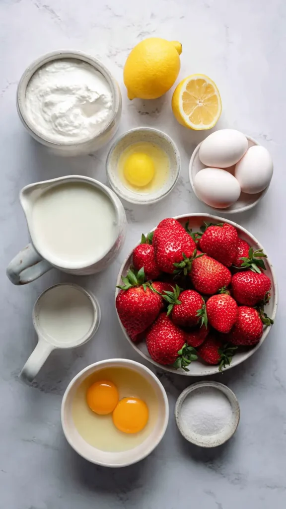 Fresh strawberries, cream, milk, sugar, egg yolks, and vanilla for homemade ice cream