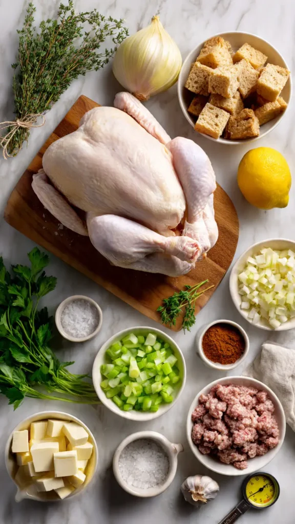 All ingredients for stuffed chicken roast including whole chicken, fresh herbs, bread cubes, sausage, vegetables, and seasonings arranged on marble countertop