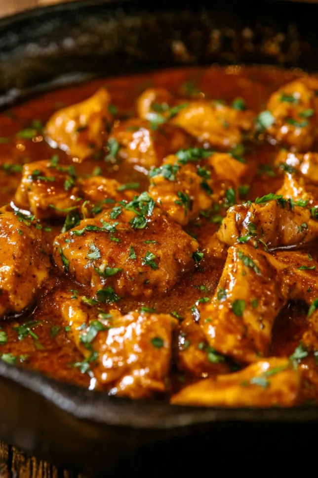 Golden-brown butter chicken breasts in cast iron skillet with creamy garlic butter sauce and fresh parsley garnish
