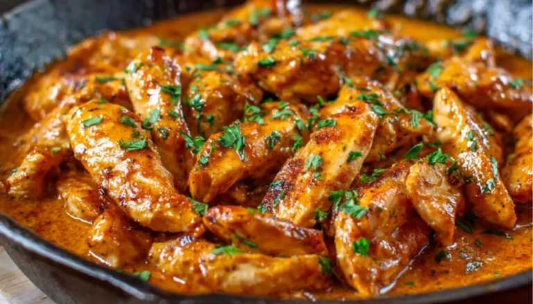 Golden-brown butter chicken breasts in cast iron skillet with creamy garlic butter sauce and fresh parsley garnish