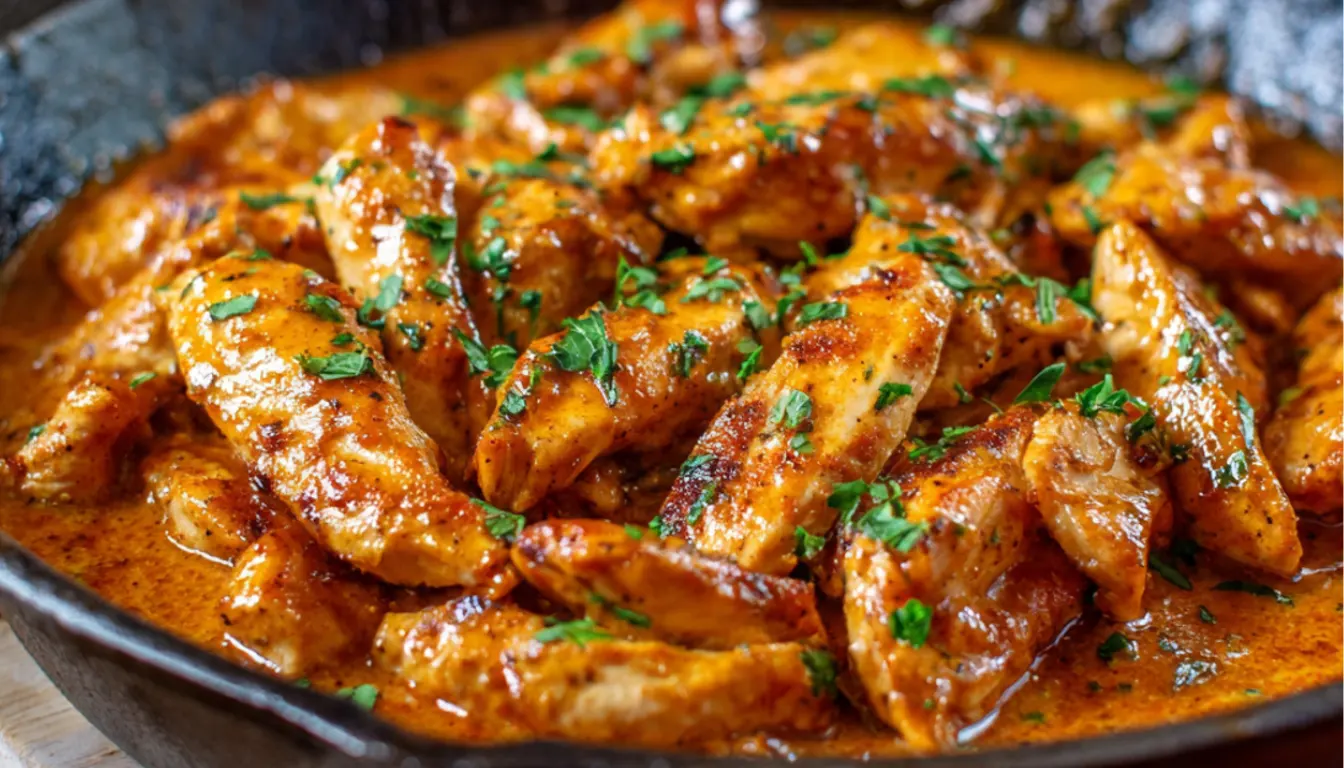 Golden-brown butter chicken breasts in cast iron skillet with creamy garlic butter sauce and fresh parsley garnish