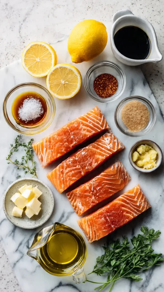 Texas Roadhouse salmon recipe ingredients including fresh salmon, brown sugar, honey, butter, and spices arranged on marble counter