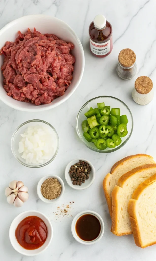 All ingredients for Texas Toast Sloppy Joes including ground beef, vegetables, sauces, and thick-sliced bread arranged on marble counter