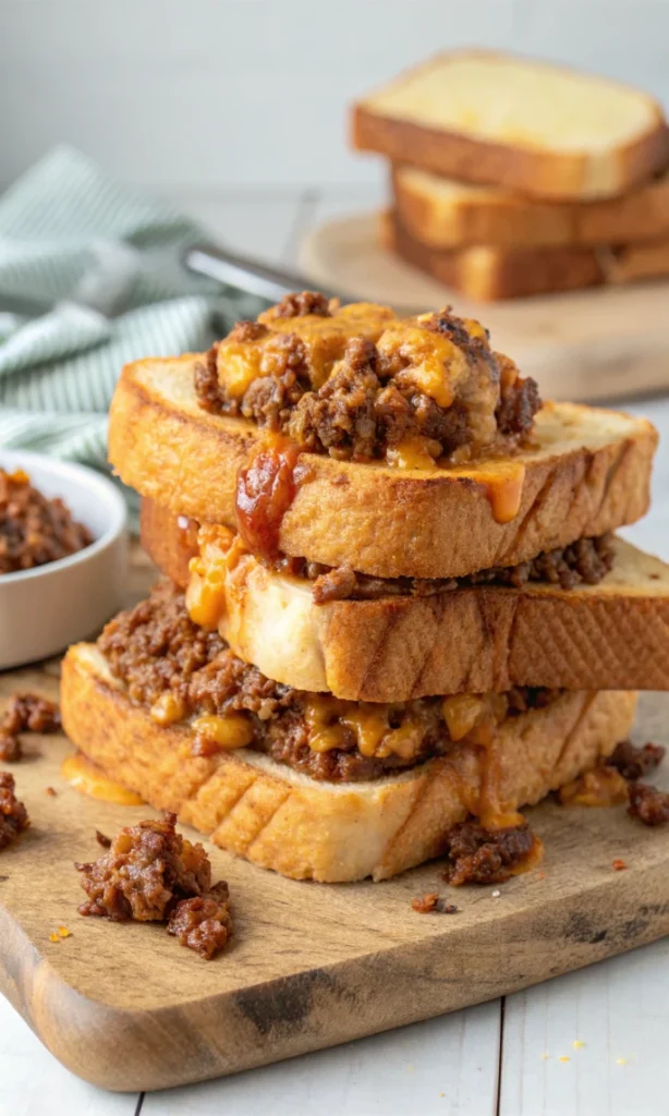 Texas Toast Sloppy Joes with melted cheese on rustic wooden board, cast iron skillet in background