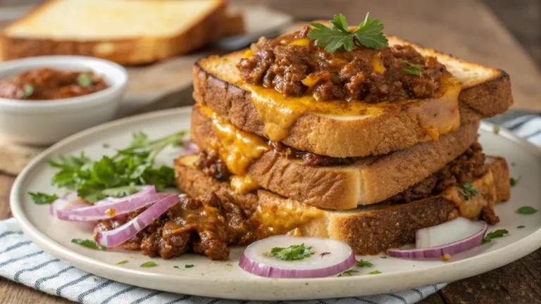 Texas Toast Sloppy Joes with melted cheese on rustic wooden board, cast iron skillet in background