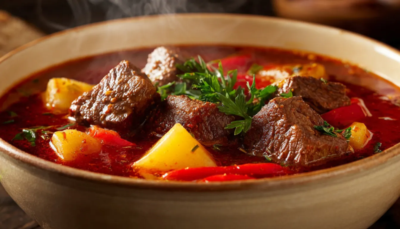 Authentic Hungarian goulash with tender beef, potatoes, and red bell peppers in a rich paprika broth served in a rustic ceramic bowl