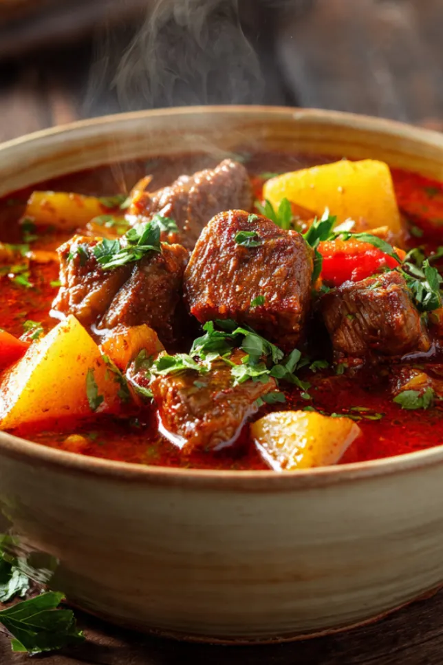 Authentic Hungarian goulash with tender beef, potatoes, and red bell peppers in a rich paprika broth served in a rustic ceramic bowl