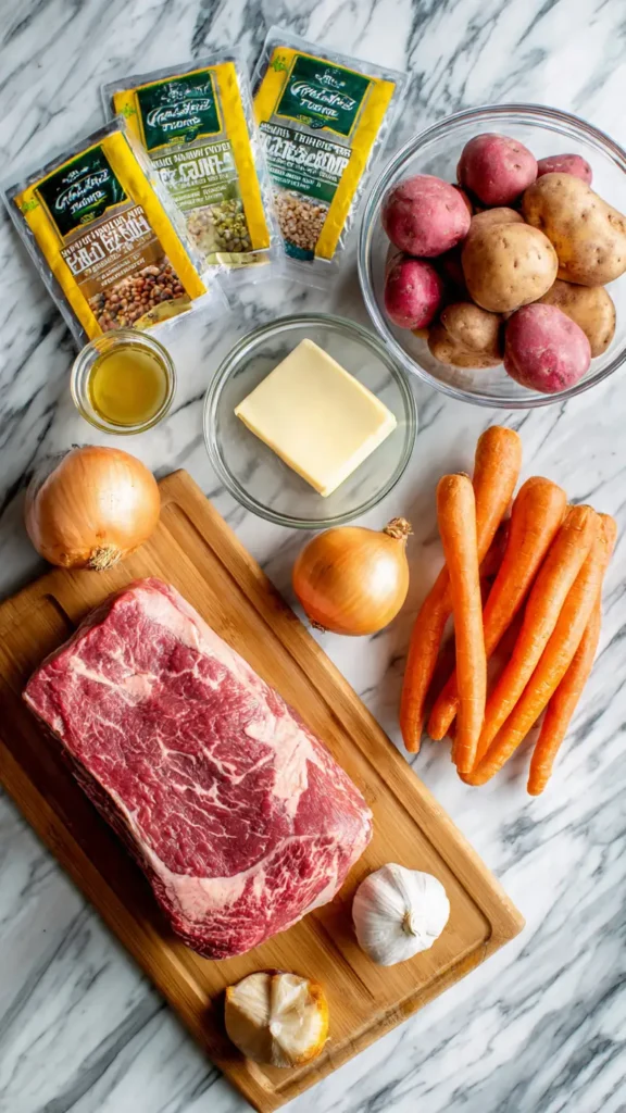 All ingredients needed for slow cooker pot roast: chuck roast, ranch mix, au jus mix, Italian dressing mix, vegetables, and broth
