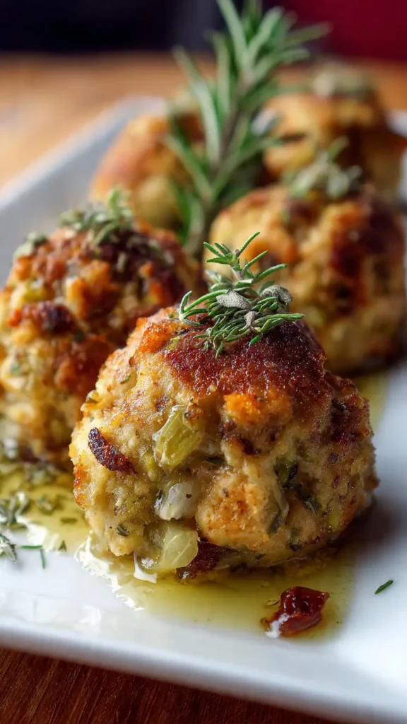 Crispy golden-brown turkey stuffing balls arranged on a white ceramic plate with one cut open showing the tender herb-filled interior