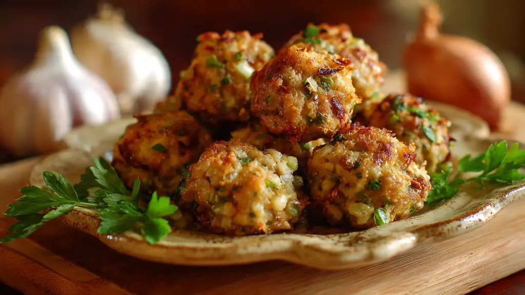 Crispy golden-brown turkey stuffing balls arranged on a white ceramic plate with one cut open showing the tender herb-filled interior