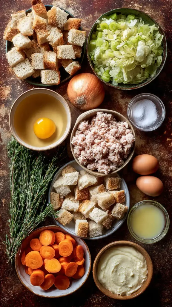 Overhead view of all ingredients needed for turkey stuffing balls including bread cubes, ground turkey, vegetables, herbs, eggs, and chicken stock