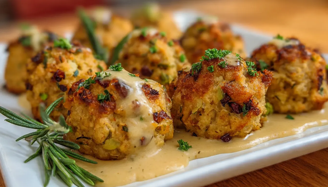 Crispy golden-brown turkey stuffing balls arranged on a white ceramic plate with one cut open showing the tender herb-filled interior