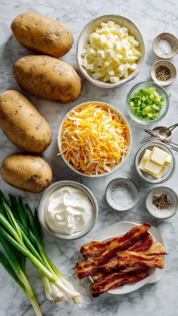 Fresh ingredients for twice-baked potatoes including russet potatoes, cheddar cheese, sour cream, bacon, and green onions