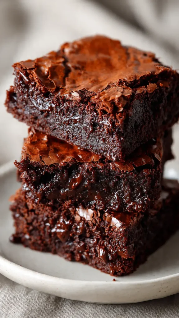 Stack of three fudgy chocolate brownies with crackly tops showing dense interior texture