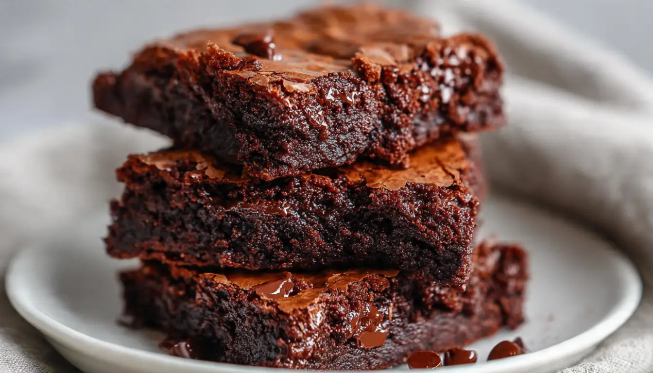 Stack of three fudgy chocolate brownies with crackly tops showing dense interior texture