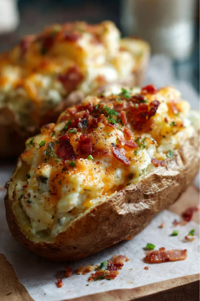 Twice-baked potatoes with melted cheddar cheese, bacon, and chives on wooden serving board