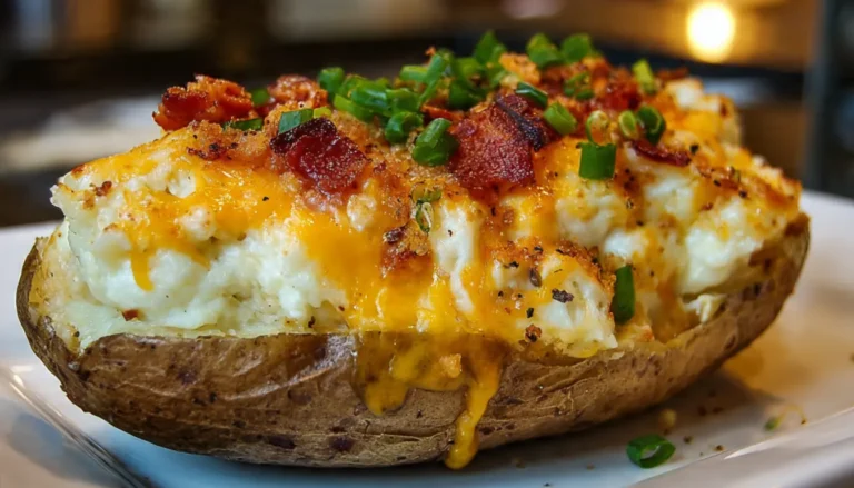Twice-baked potatoes with melted cheddar cheese, bacon, and chives on wooden serving board