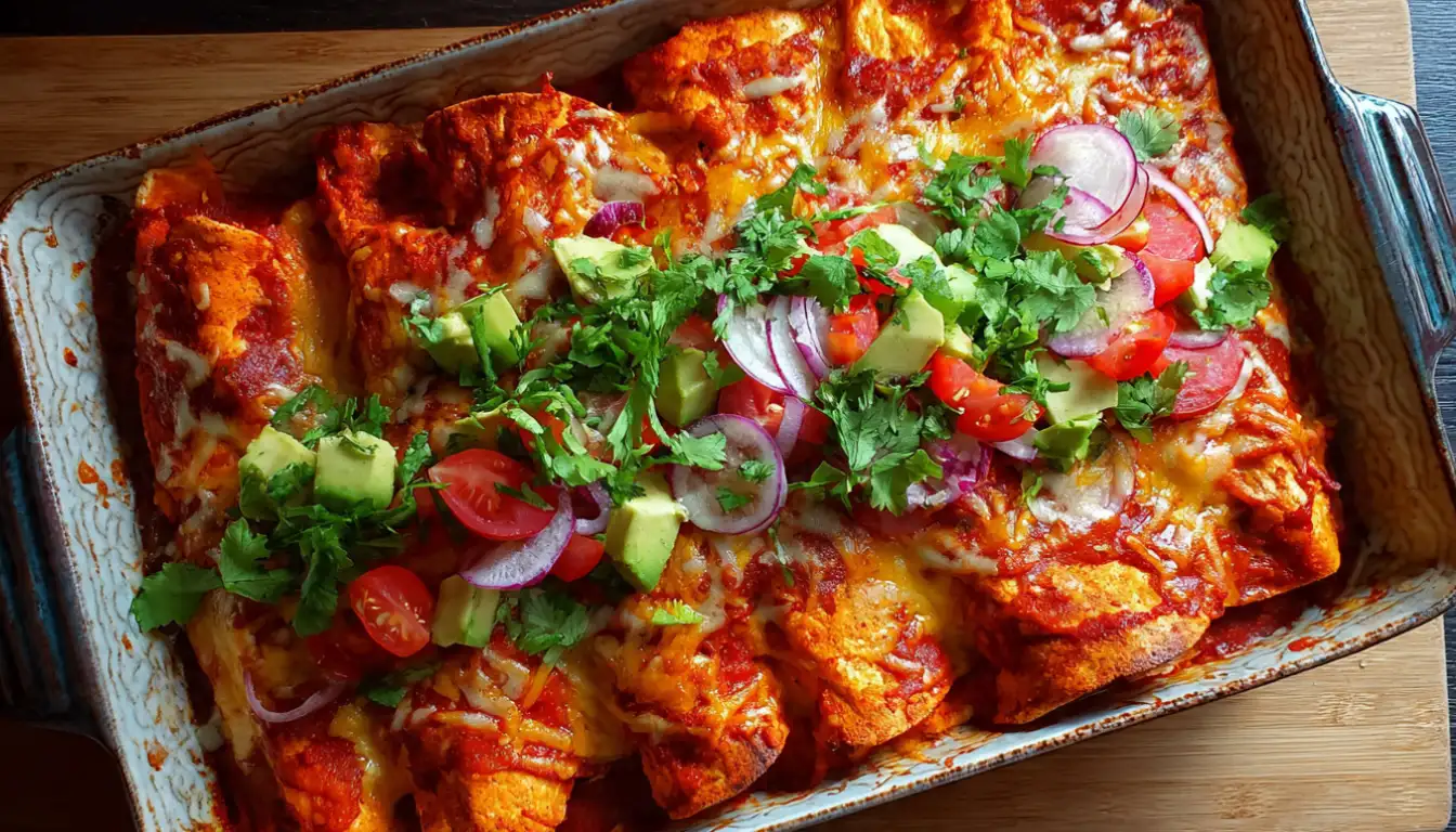 Freshly baked vegan enchiladas in white baking dish topped with red sauce, cilantro, and avocado slices