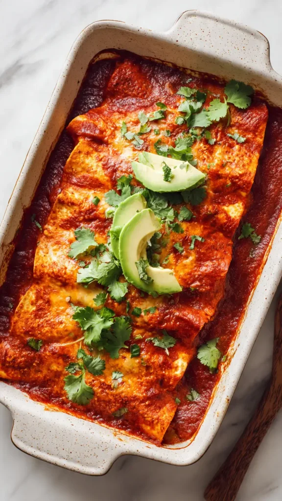 Freshly baked vegan enchiladas in white baking dish topped with red sauce, cilantro, and avocado slices