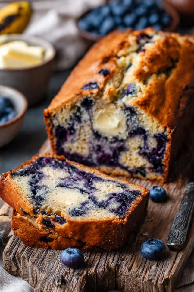 Sliced vegan gluten-free blueberry banana bread on wooden cutting board showing moist texture and fresh blueberries