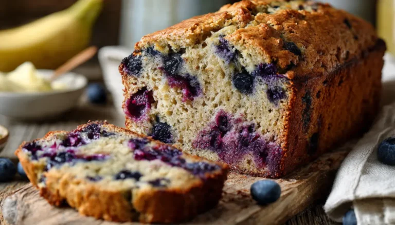 Sliced vegan gluten-free blueberry banana bread on wooden cutting board showing moist texture and fresh blueberries