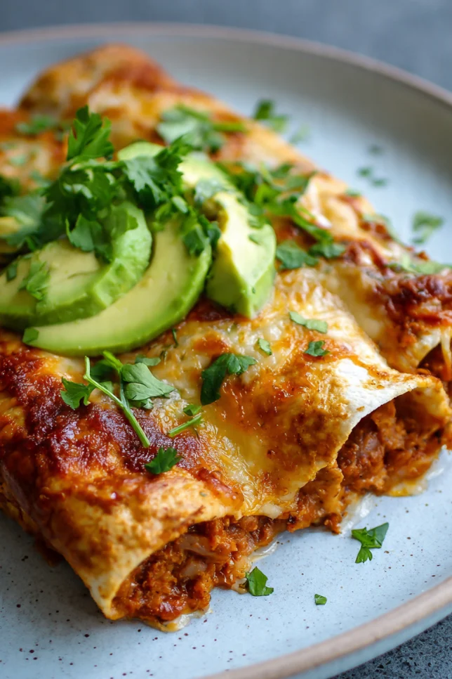 Healthy vegan potato bean enchiladas topped with melted cheese and fresh cilantro on a rustic ceramic plate