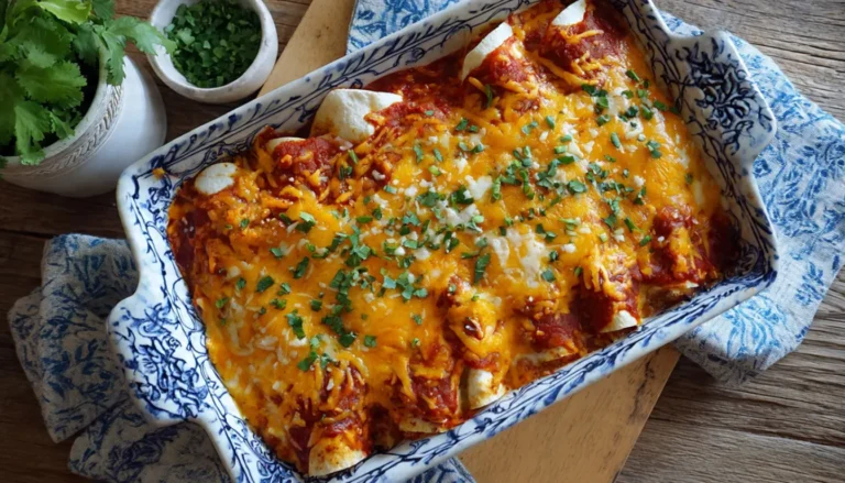Healthy vegan potato bean enchiladas topped with melted cheese and fresh cilantro on a rustic ceramic plate