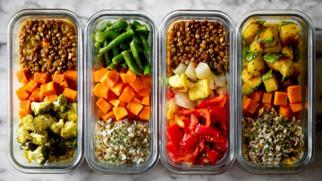 Glass meal prep containers with various low-calorie vegetarian meals ready for the week
