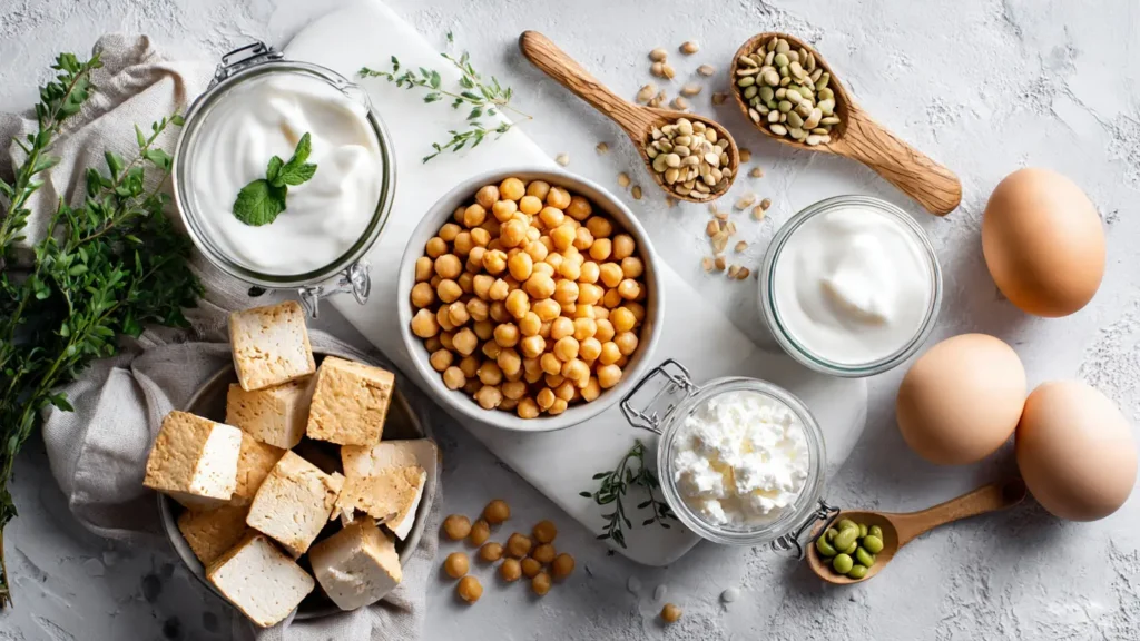 Variety of vegetarian protein sources including lentils, chickpeas, tofu, edamame, yogurt, and eggs