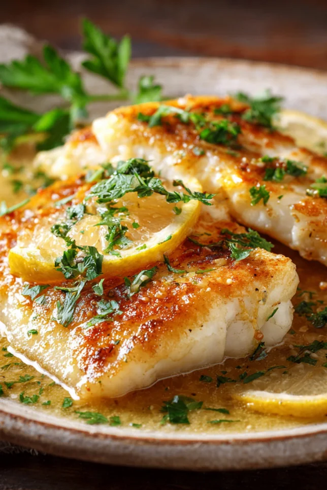 Golden pan-seared fish fillet with lemon butter sauce and fresh parsley on white plate